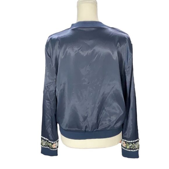 Navy Blue Floral Embroidered Long Sleeve Bomber Style Jacket Full Zip Sz Medium - Picture 7 of 9
